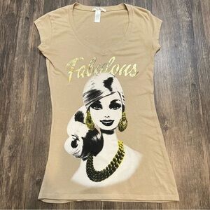 Women Printed Fabulous Barbie V Neckline T-Shirt Tan. Size S